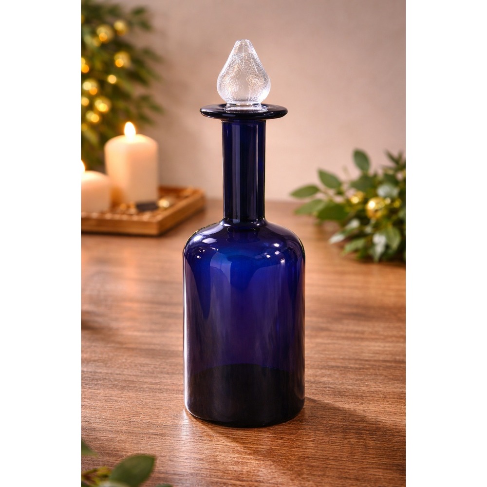 Vintage Cobalt Blue Glass Decanter with Textured Clear Flame Stopper